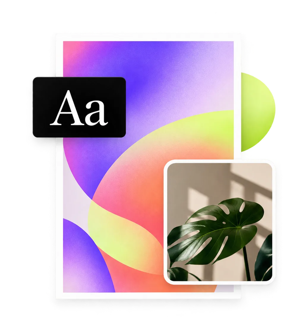 A colorful abstract poster, a typography tile and a framed monstera leaf.